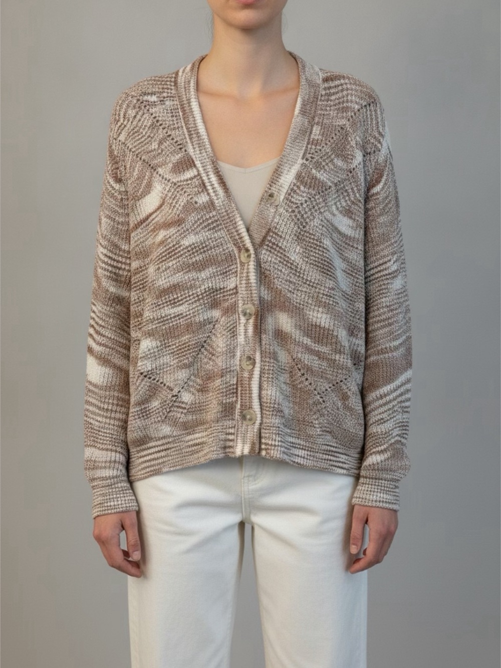 Spiritual Gangster Marled Beige & Cream V-Neck Cardigan Sz S